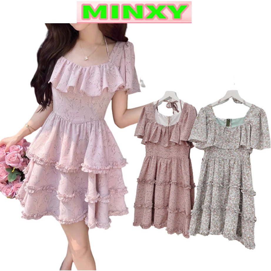 Váy hoa nhí tầng viển bèo đầm tơ mền tay nhỡ-MINXY SHOP