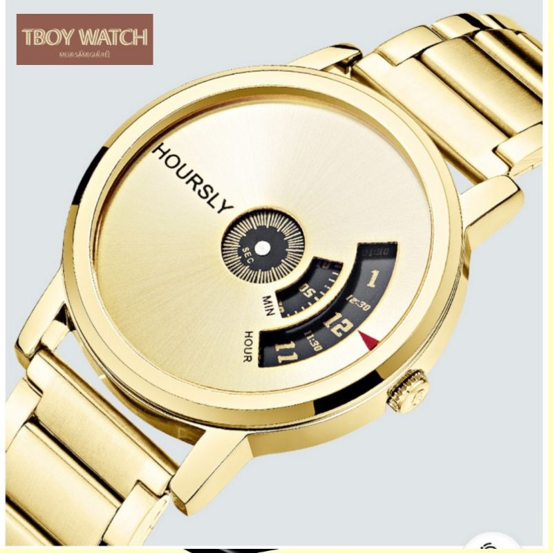 Đồng hồ nam chính hãng thời trang trẻ trung HOURSLY dây thép kim loại màu vàng cao cấp-D14-