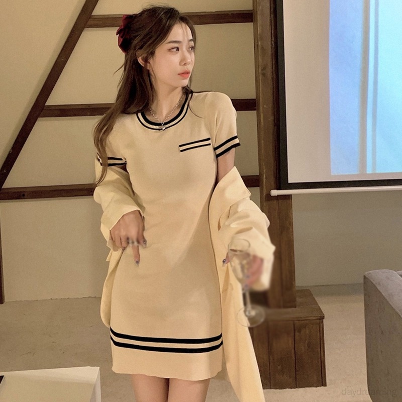 Váy Đầm Nữ Ôm Dáng Cổ Tròn Họa Tiết Kẻ Sọc Phong Cách Hàn Quốc Gợi Cảm