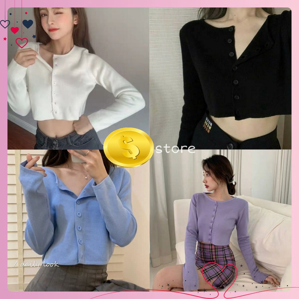 Áo Croptop YAN Cổ Tim Tay Dài Phối Khuy Unisex (7 MÀU)