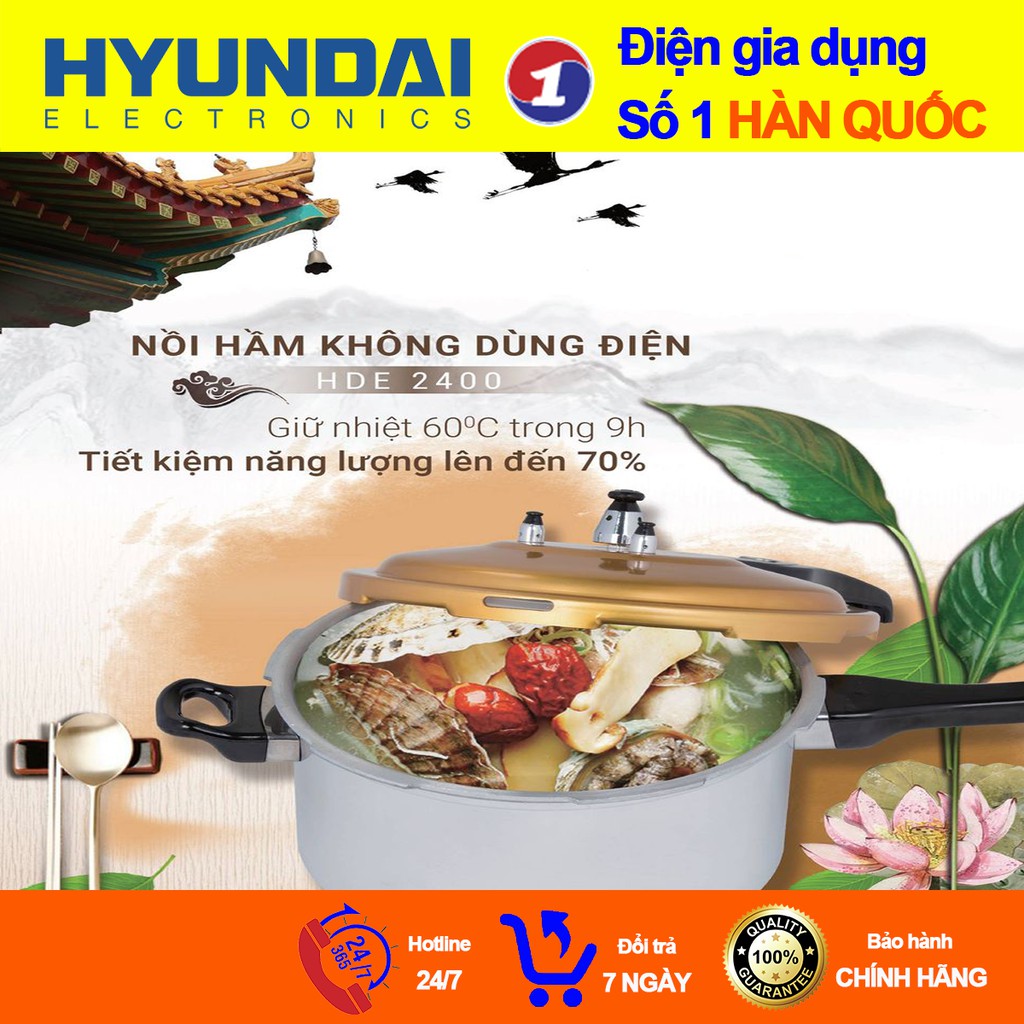 Nồi Hầm Không Dùng Điện  Hyundai Hàn Quốc HDE 2400 3 Dung Tích 80KPA Hợp Kim Sáng Bóng Có 03 Van Xả Áp An Toàn