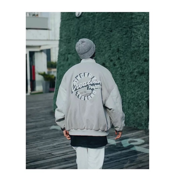 ÁO KHOÁC BOMBER PHỐI TAY DA NAM  NỮ T-A-N FORM RỘNG VAI SỆ-AKD7-Vải Dạ phối Tay Da cực ngầu hình thêu màu xám