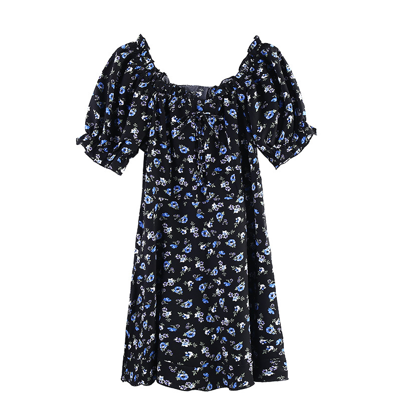 Váy xòe nữ tay ngắn bồng dáng rộng thắt eo 2021, đầm xòe nữ màu đen hoa nhí cổ vuông dúm ngực có nhiều size Hàn Quốc | BigBuy360 - bigbuy360.vn