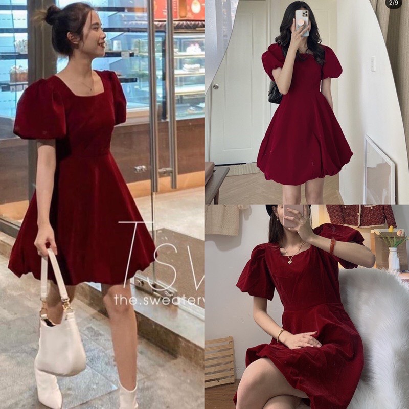 Váy Nhung Nữ, Đầm Bí Tay Bồng Cổ U Dáng Xòe Chất Nhung Cao Cấp 2 Màu Đỏ, Đen Thời Trang Sang Trọng, Thanh Lịch. | BigBuy360 - bigbuy360.vn