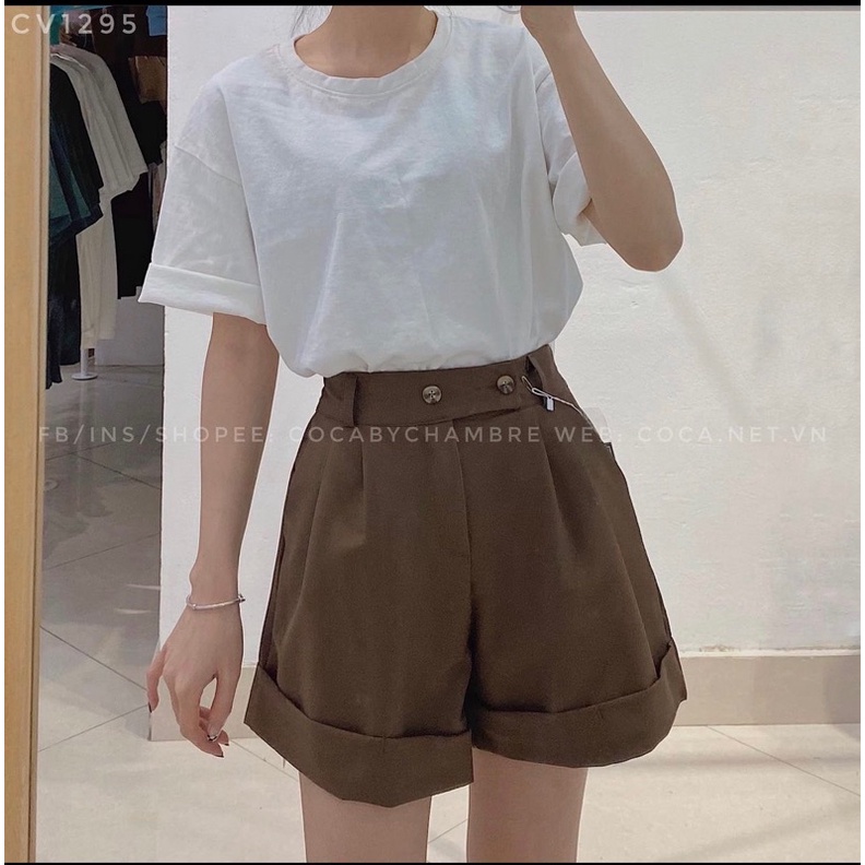 [Ảnh thật/Video]Quần sooc vải hai cúc ngang chun sau thiết kế gập gấu Hàn Quốc