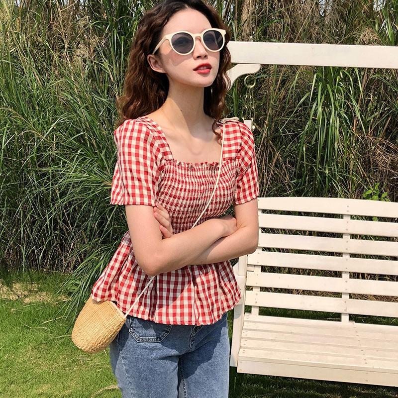  Áo Kiểu Tay Ngắn Cổ Vuông Hoạ Tiết Kẻ Sọc Phong Cách Hàn Quốc