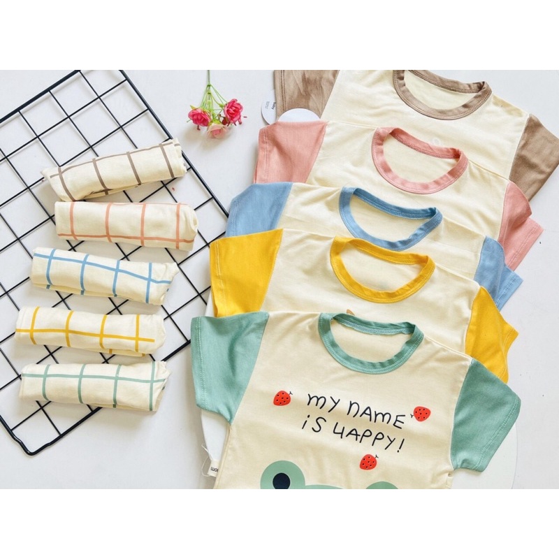 Bộ quần áo thun lạnh Minkymom hoạ tiết hình thú quần kẻ caro mềm mịn mát cho bé 5-15kg