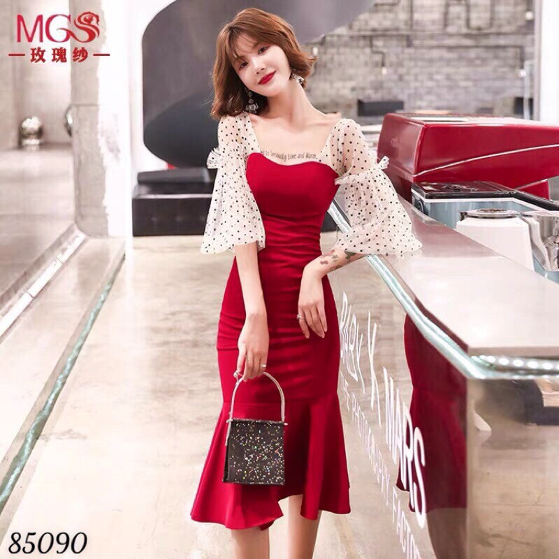 🍒Đầm dự tiệc body đuôi cá tay lưới bi (Free/big size XL, 2XL)
