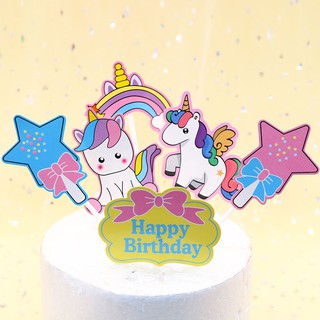 Phụ kiện trang trí bánh sinh nhật_Set que HPBD ngựa unicorn sắc màu
