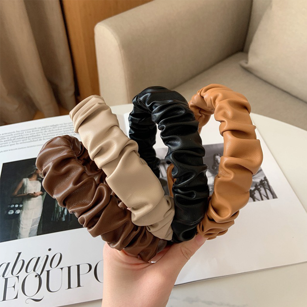 Băng đô da PU nhún nếp màu trơn phong cách Hàn Quốc vintage thời trang cho nữ