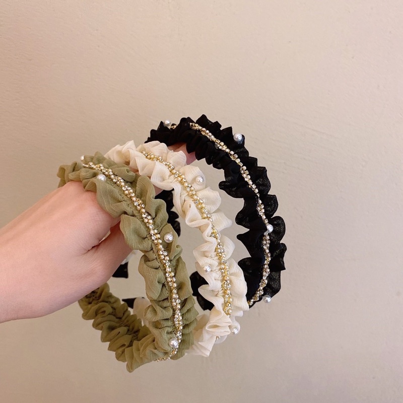 Bờm tóc voan dây đá đính hạt viền nhún bèo nữ tính B103