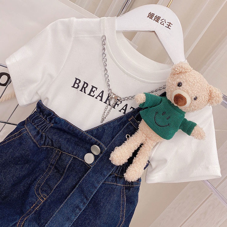 Set Áo Thun Ngắn Tay + Quần Yếm Denim 5 Món Thời Trang Mùa Hè Cho Bé Gái