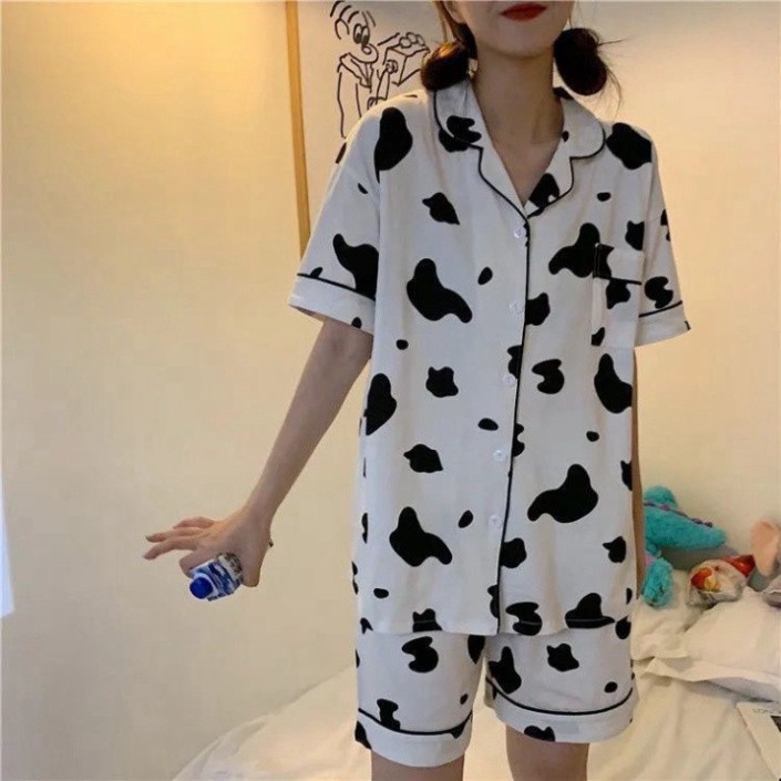 [FREESHIP_Hàng Thái Lan] [Siêu Hot] Bộ đồ Pijama lụa💖 Set Bò Sữa Ngắn Tay Dáng Rộng Unisex Uzzlang