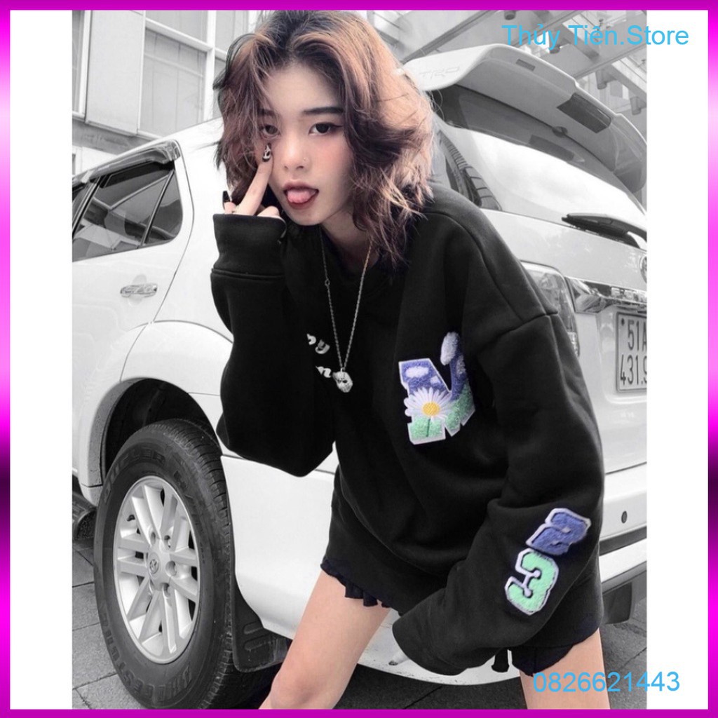 ÁO NỈ BÔNG SWEATER HAPPY TIME IN M 23 BÔNG HOA ĐEN UNISEX 💎 👗💝