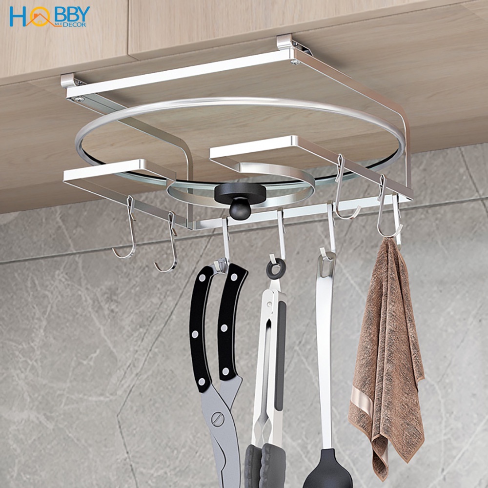 Giá treo nắp vung, thớt gắn vào thành tủ bếp tiện dụng Hobby Home Decor NVTT - kèm 8 móc treo đồ chuẩn Inox 304
