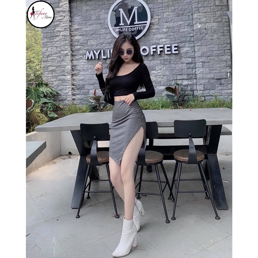 Áo Croptop Nữ Cổ Vuông Tay Dài Ôm Body Chất Thun Màu Đen Freesize  "CỔ VUÔNG TAY DÀI"