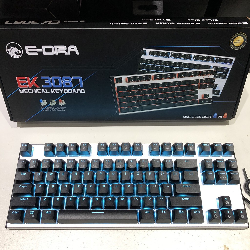 Bàn phím cơ EDRA EK3087 - Siêu phẩm năm 2020 - Led màu xanh dương 10 chế độ - Khung kim loại chống giật - Bảo