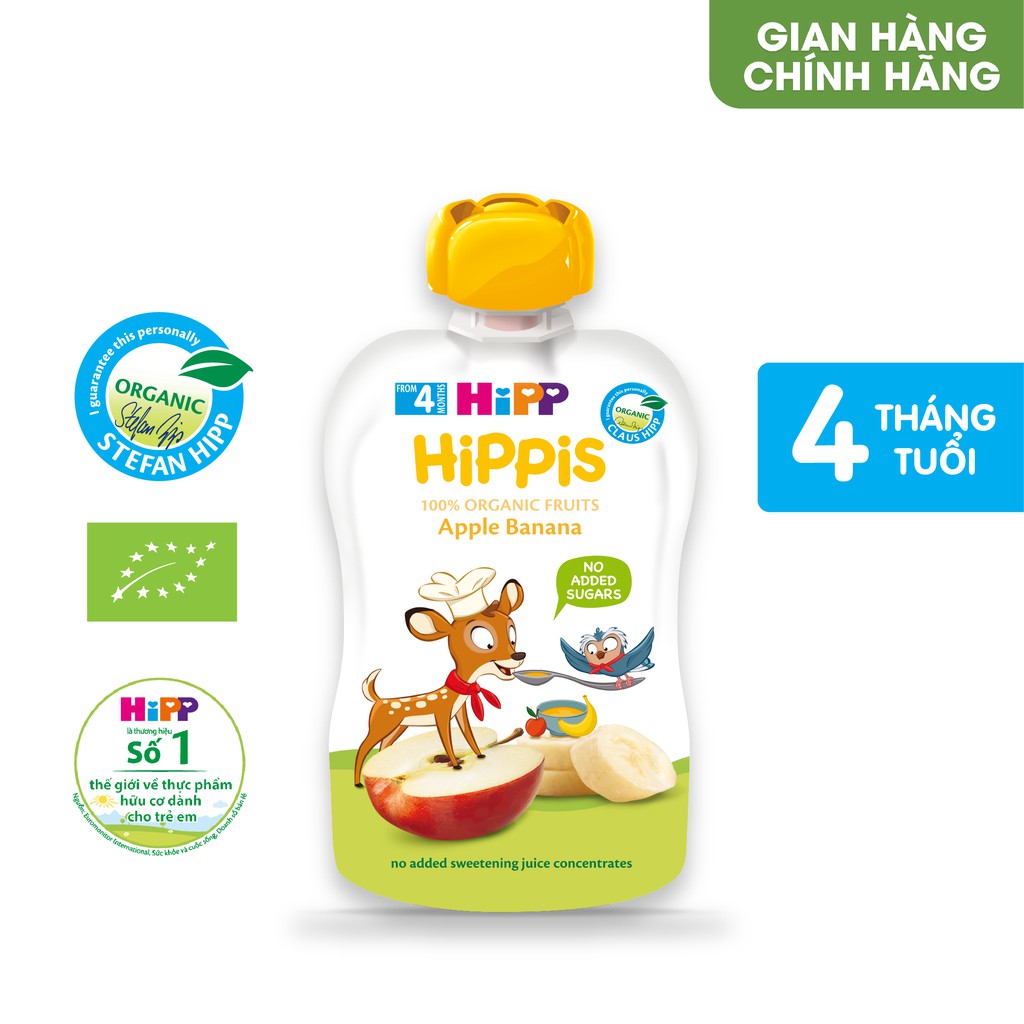 Dinh dưỡng 100% Trái cây nghiền Organic HiPPiS Táo, Chuối 100g