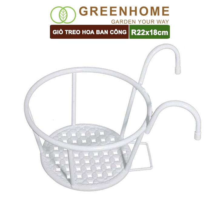 Giỏ treo hoa ban công D22xC18cm màu Trắng, bằng sắt, trang trí ban công |Greenhome