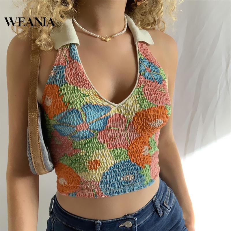 Áo Tank Top Cổ V Hở Lưng In Hoa Xinh Xắn Cho Nữ