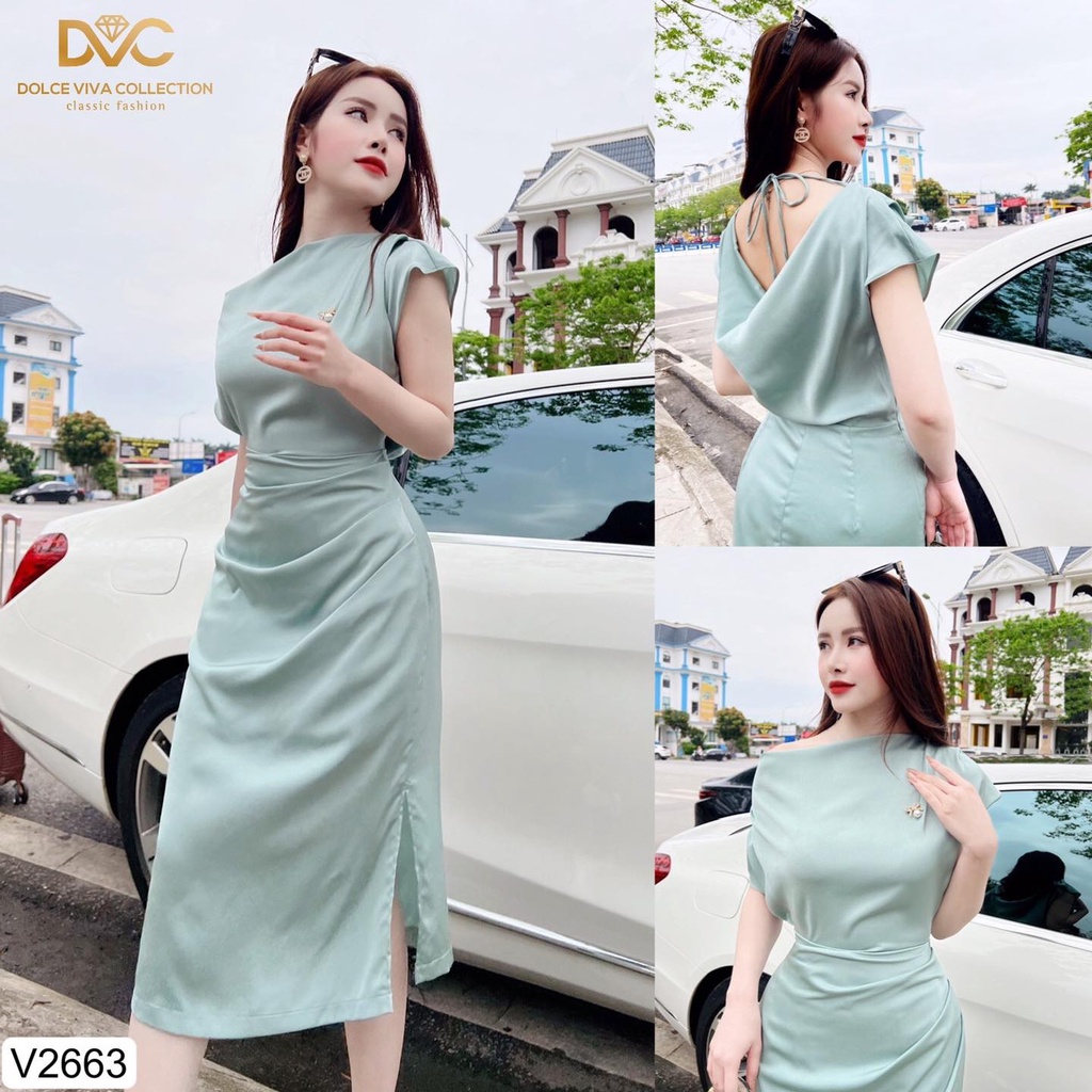 V2663 - VÁY XANH GHI LỤA CỔ ĐỔ