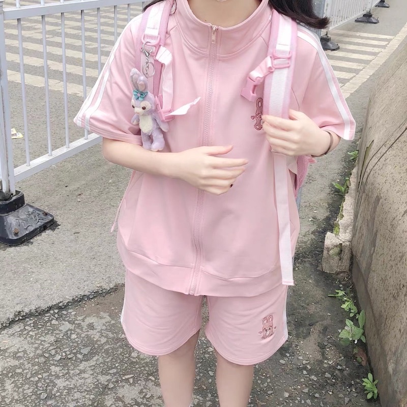 Set bộ áo thun khoá kéo+ quần đùi 3 sọc thêu hình gấu