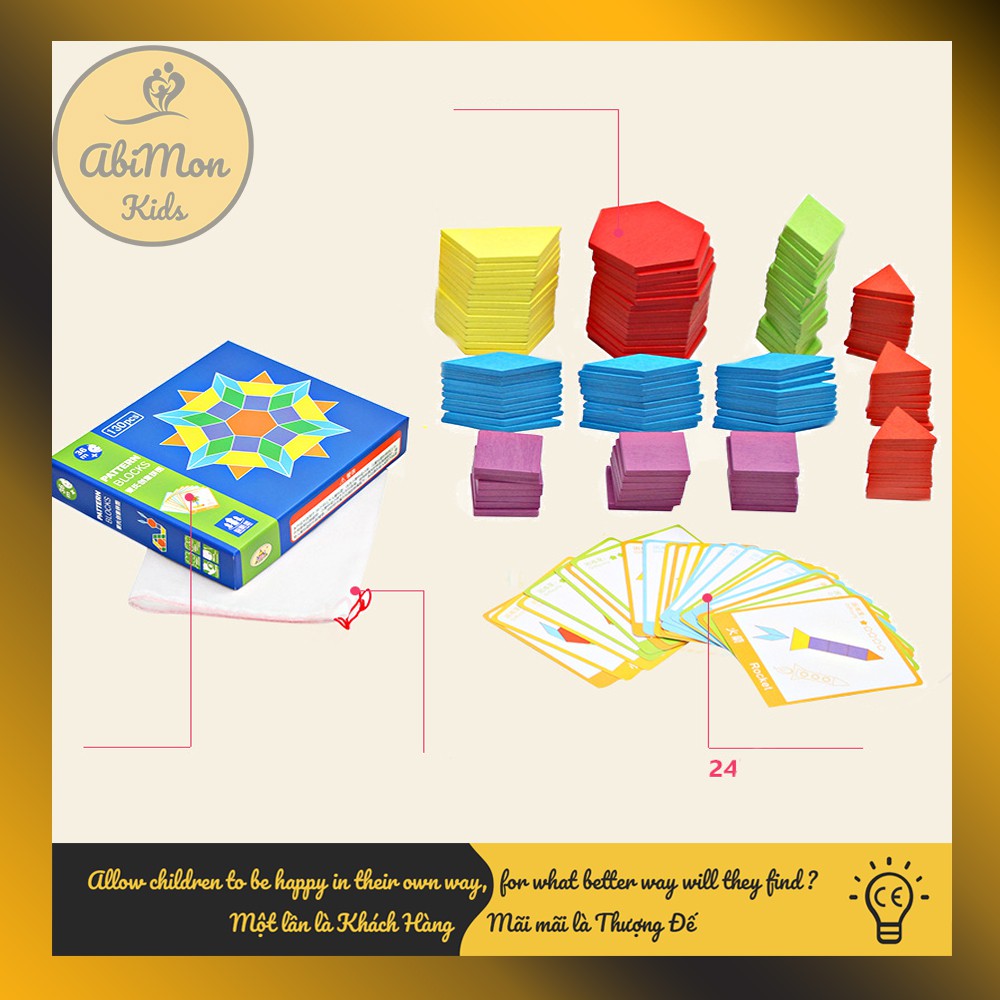 Bộ Ghép Hình Pattern Block Cho Bé (130 miếng) ☘️ Montessori cao cấp ✨ (Đồ chơi Gỗ - Giáo Dục - An toàn - Thông minh)