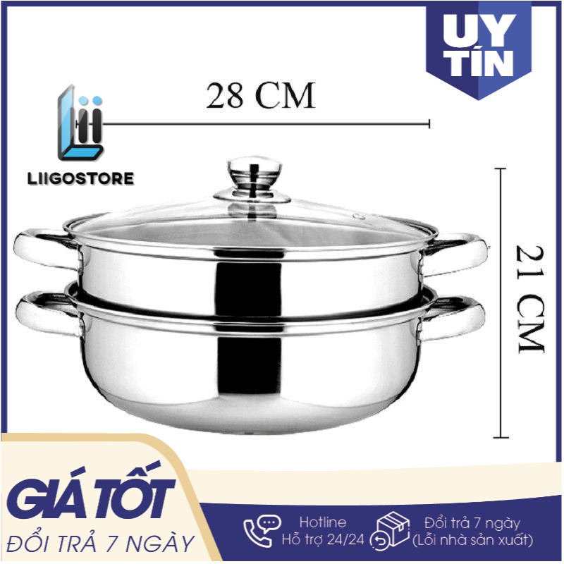 (Freeship) Nồi lẩu kiêm nồi hấp 2 tầng inox nắp thủy tinh cao cấp (Liigostore)