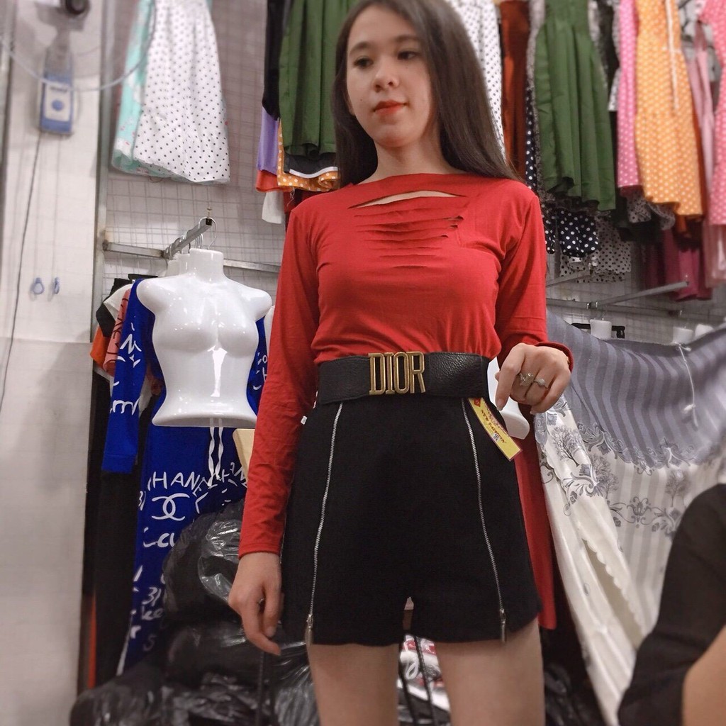 Áo Thun Nữ Dài Tay Rách Ngực Cá Tính EVA AO 10136