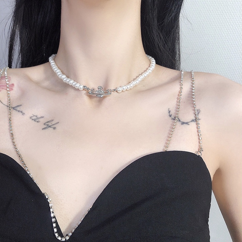 Vòng cổ MANYUE kiểu chuỗi ngọc trai giả mặt hành tinh đính đá phong cách Hàn Quốc thời trang dành cho nữ