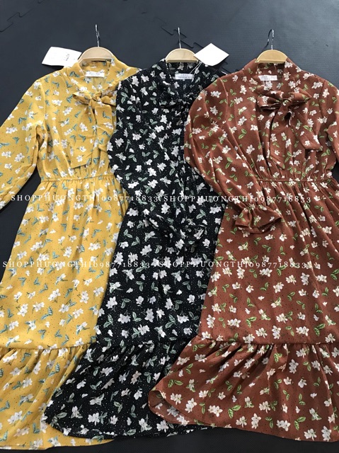 [Mã WARN20 giảm 20k đơn 150k] Váy hoa nhí cổ nơ chun eo dài tay ( hình shop tự chụp kèm video ) | BigBuy360 - bigbuy360.vn