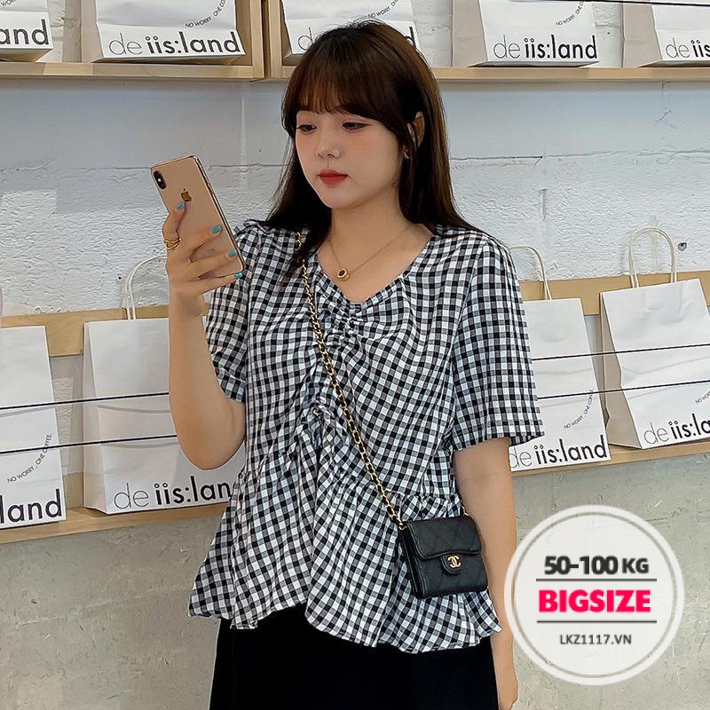 Áo sơ mi babydoll Bigsize Áo kiểu nữ kẻ sọc caro form rộng tay ngắn cổ chữ v thiết kế dây rút mùa hè Phong cách Hàn Quốc Thời Trang sang chảnh cá tính xinh đẹp quảng châu cao cấp