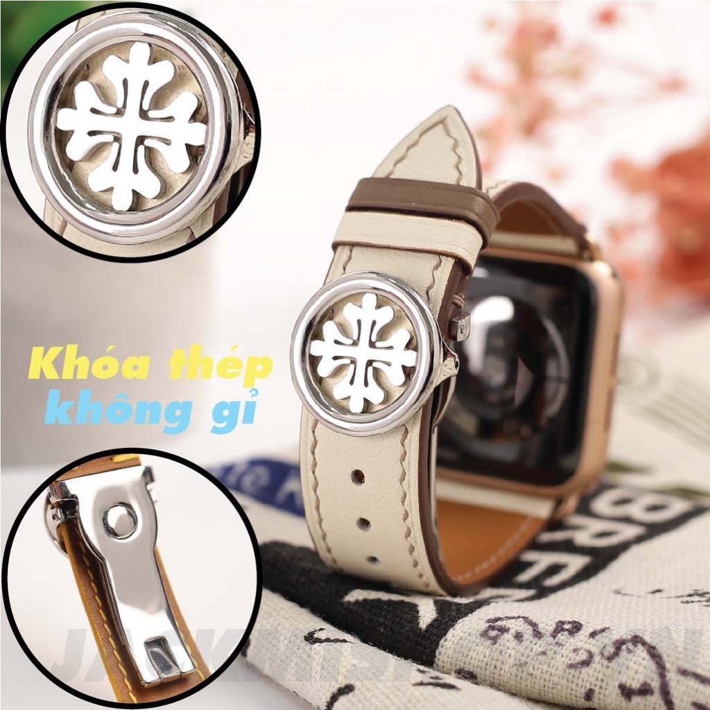 [DÂY DA THẬT] DÂY DA BÊ SWIFT MAY TAY THỦ CÔNG MÀU KEM CHỈ NÂU KHÓA PATEK CHO APPLE WATCH SERIES 1=&gt;6 (BẢO HÀNH 1 NĂM)