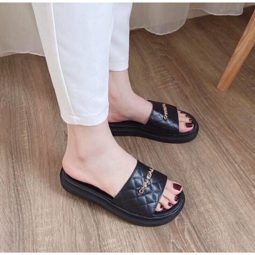 Dép nữ Dép đế cao bánh mì quai ngang khóa cha-nell chất da pu xịn loại 1