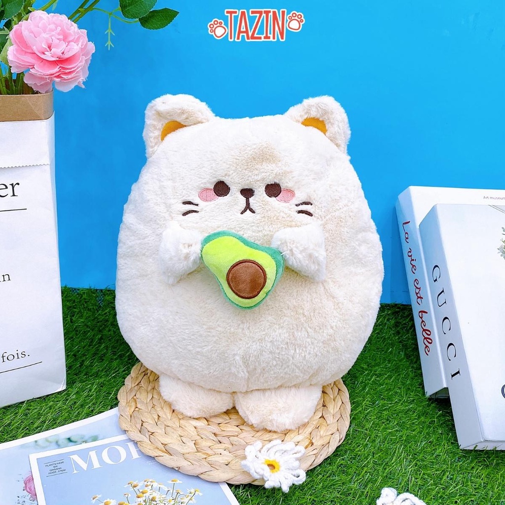 Gấu Bông Mèo Ôm Quả Bơ Cute, Chất Vải Nhung Và Bông Gòn Cao Cấp Tazin