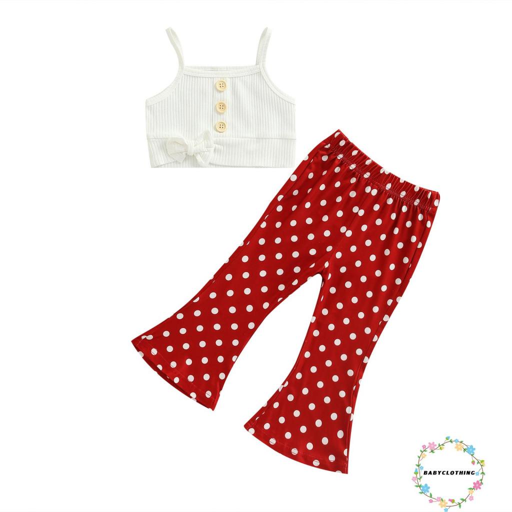 Set Áo Croptop Sát Nách Đính Nơ Trước + Quần Dài Chấm Bi Lưng Thun Cho Bé Gái