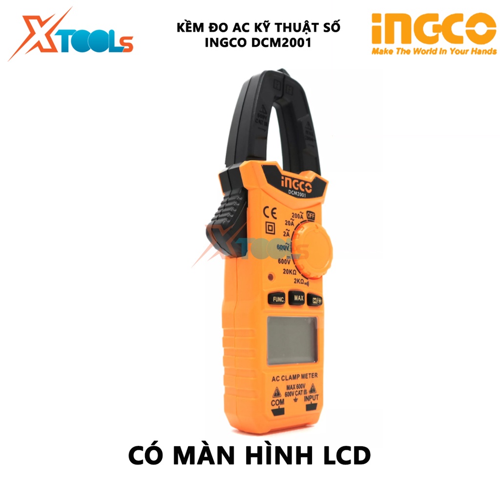 Ampe kìm đo AC kỹ thuật số INGCO DCM2001| Kềm đo AC kỹ thuật số 6000 số đếm, lưu giữ số liệu Dòng điện AC 2A/20A/200A/±(