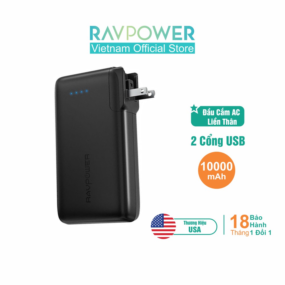 Pin Sạc Dự Phòng RAVPower 10000mAh 17W Cổng Sạc AC Dạng Gập Dòng Ra 3.4A