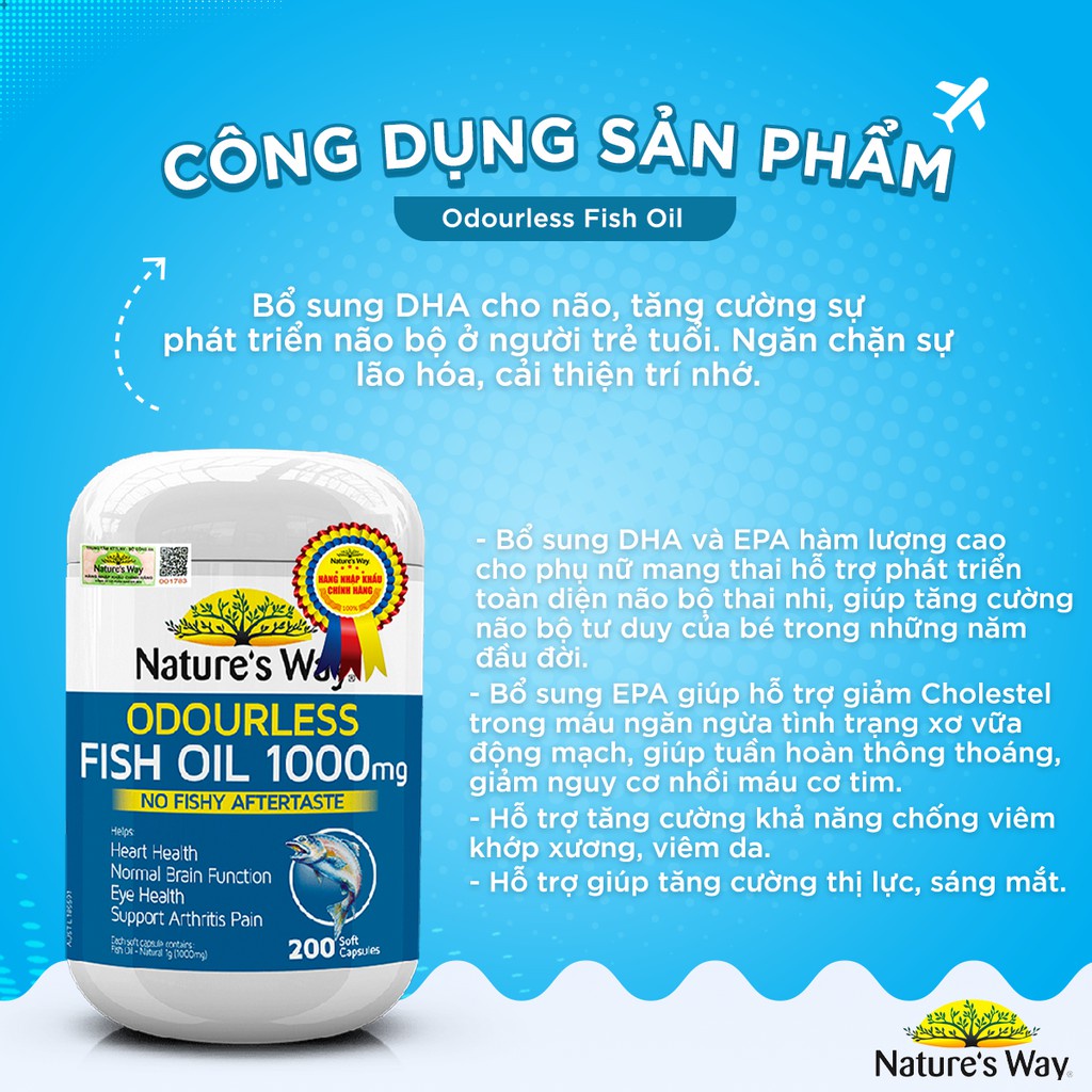 Viên Uống Dầu Cá Nature’s Way Odourless Fish Oil Tăng Cường Sức Khoẻ Tự Nhiên Không Mùi 1000mg - Date mới