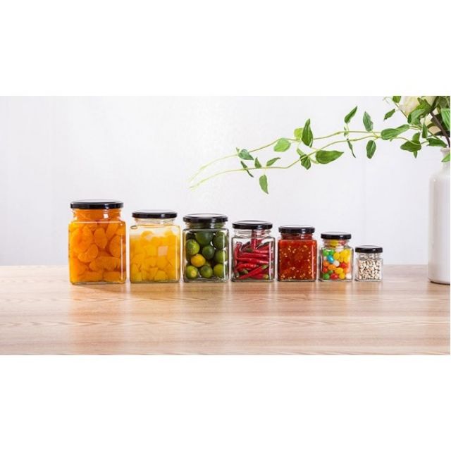 Lọ thủy tinh vuông 500ml 730ml 280ml 380ml 200ml 100ml nắp kim loại chống tràn đen