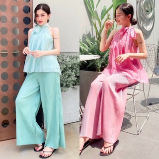 Set áo kiểu cổ yếm nơ + quần dài dập li ống suông