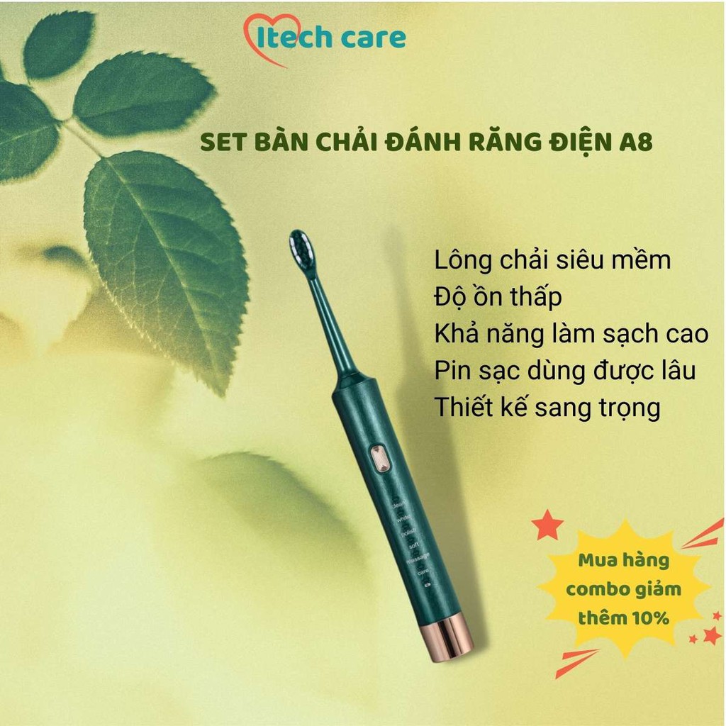 Bàn chải đánh răng điện tử Itech care máy đánh răng tự động lông mềm pin sạc dây cổng usb liền máy tiện lợi