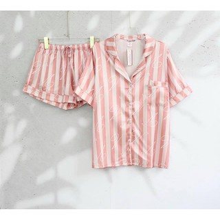 bộ pijama lụa mềm victoria sọc hồng nhạt