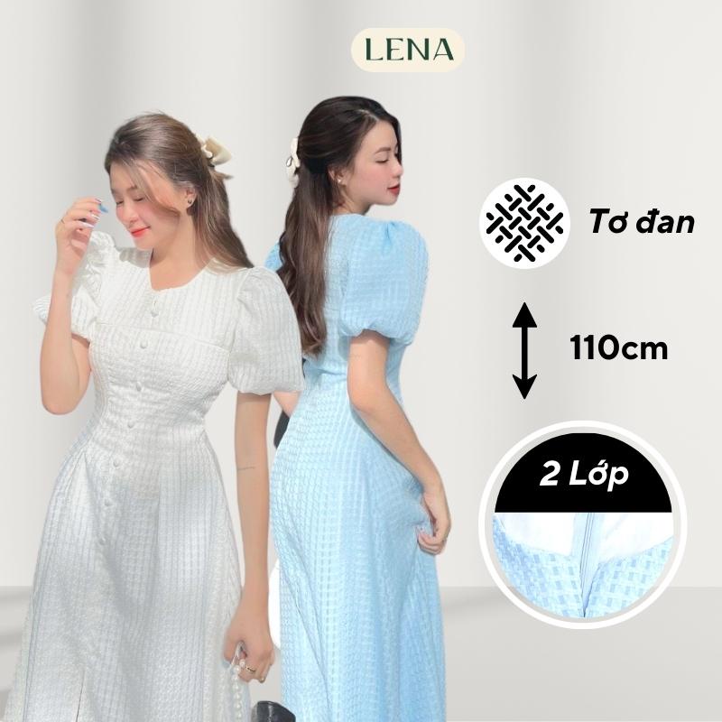 Đầm midi dáng dài tay phồng xẻ tà dự tiệc LENA nút bọc vải tiểu thư - D2187