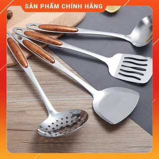 CHÍNH HÃNG -  Muôi múc canh,muôi thủng inox cán đào,dụng cụ nấu ăn nhà bếp