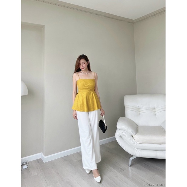 ÁO HAI DÂY MÀU VÀNG CÓ ÁNH NHŨ DÁNG PEPLUM SANG CHẢNH SUN FASHION