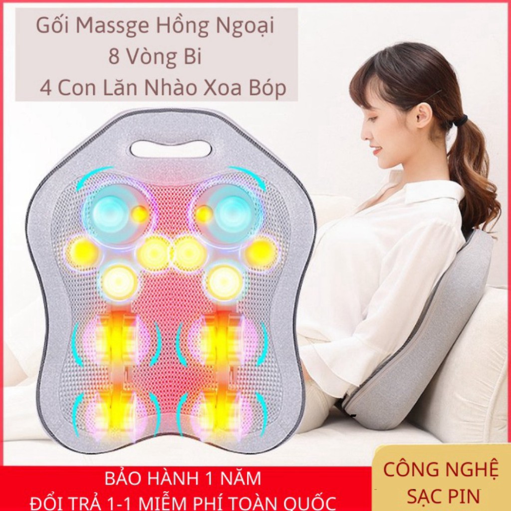 Gối Massage Sạc Pin ,Gối Massage Hồng Ngoại 8 Vòng Bi