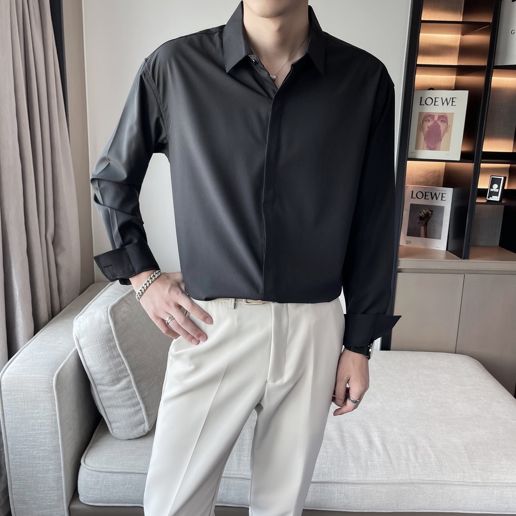 Áo Sơ Mi Polo Tay Dài Màu Trơn Thời Trang Hàn Quốc Màu Trơn Cho Nam