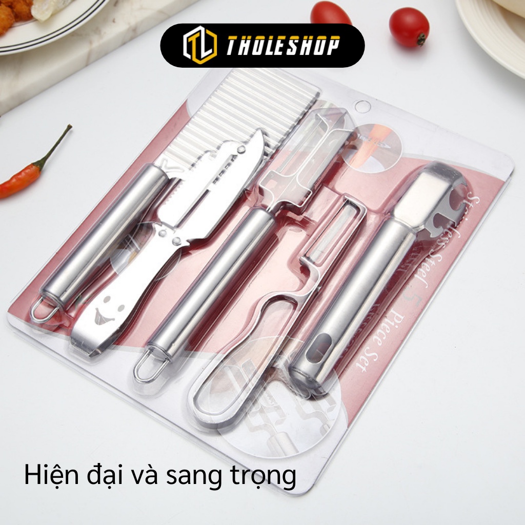 Combo 5 Dụng Cụ Nhà Bếp - Bộ Dao 2 Lưỡi, Dao Bào Sợi, Cắt Lát Gợn Sóng Bằng Inox 9233