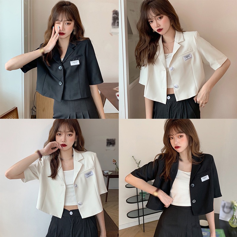 Áo khoác blazer ngắn tay in chữ phong cách Hàn Quốc cho nữ